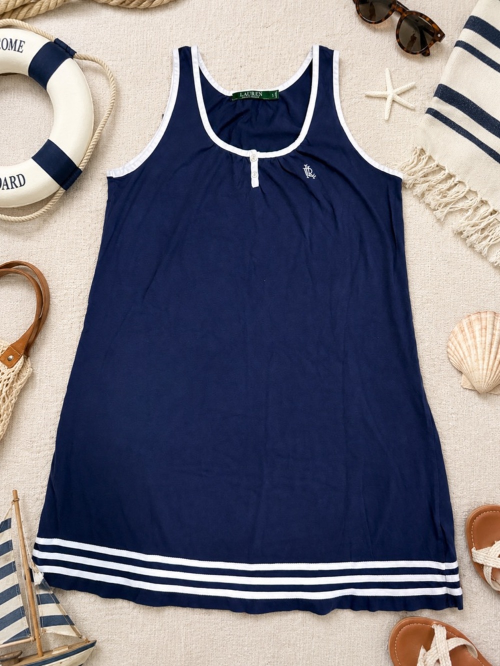 Lauren Ralph Lauren Navy Nautical Sleeveless Cotton Dress Small Preppy